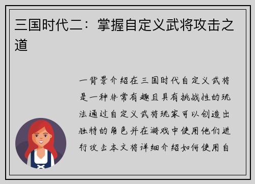 三国时代二：掌握自定义武将攻击之道